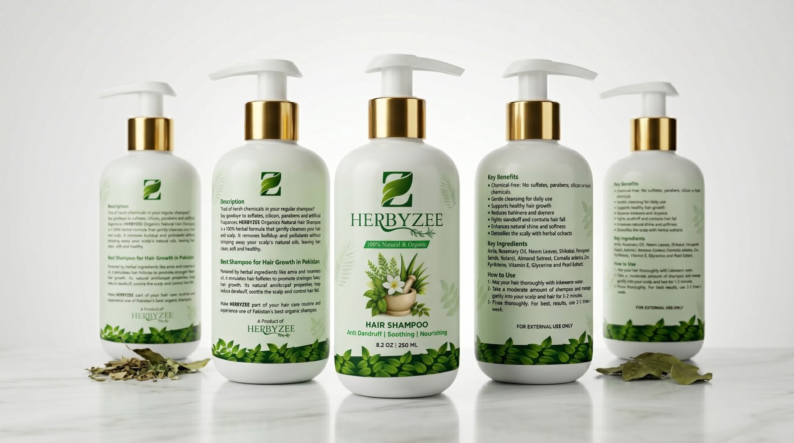 HERBYZEE shampoo bottle lineup showing front and back labels
