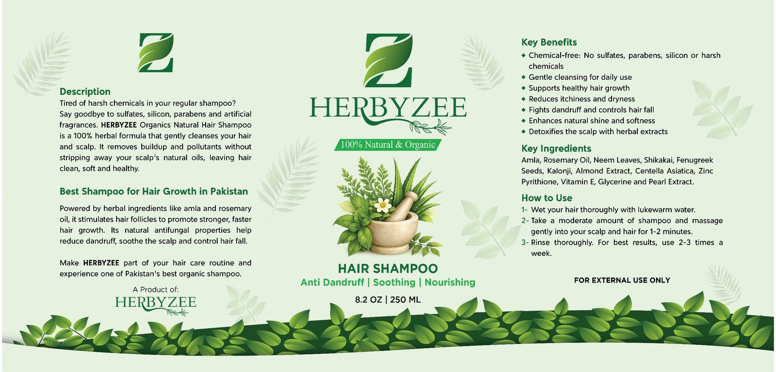 HERBYZEE shampoo label artwork listing benefits, ingredients and directions